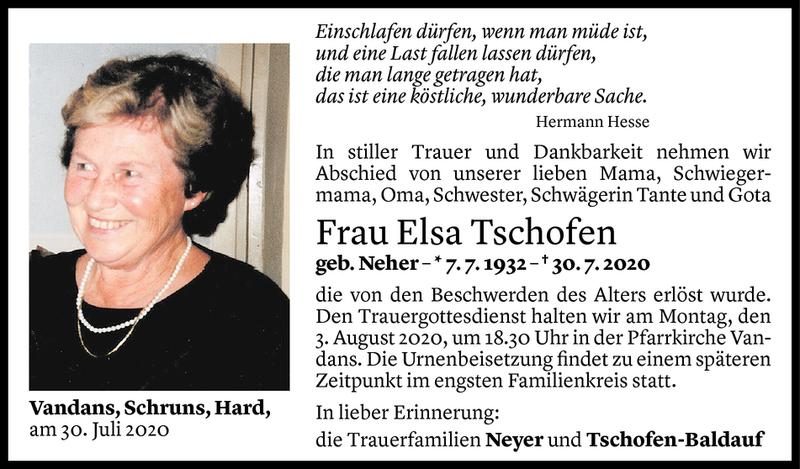  Todesanzeige für Elsa Tschofen vom 31.07.2020 aus Vorarlberger Nachrichten