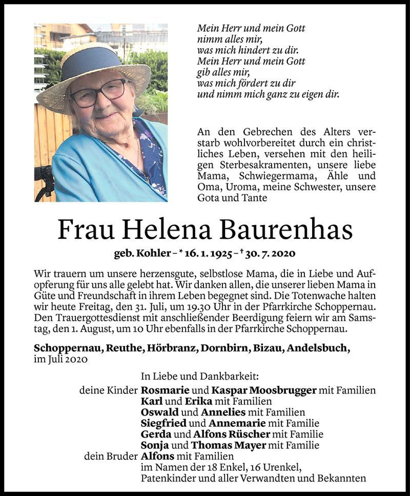  Todesanzeige für Helena Baurenhas vom 30.07.2020 aus Vorarlberger Nachrichten