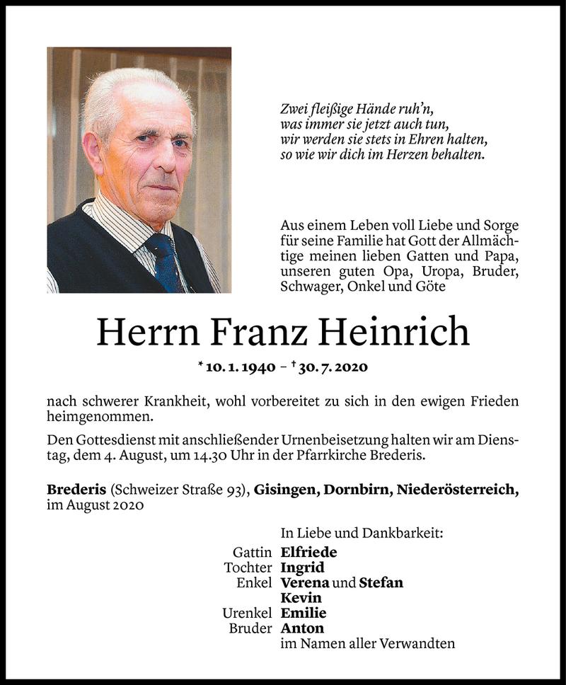  Todesanzeige für Franz Heinrich vom 01.08.2020 aus Vorarlberger Nachrichten