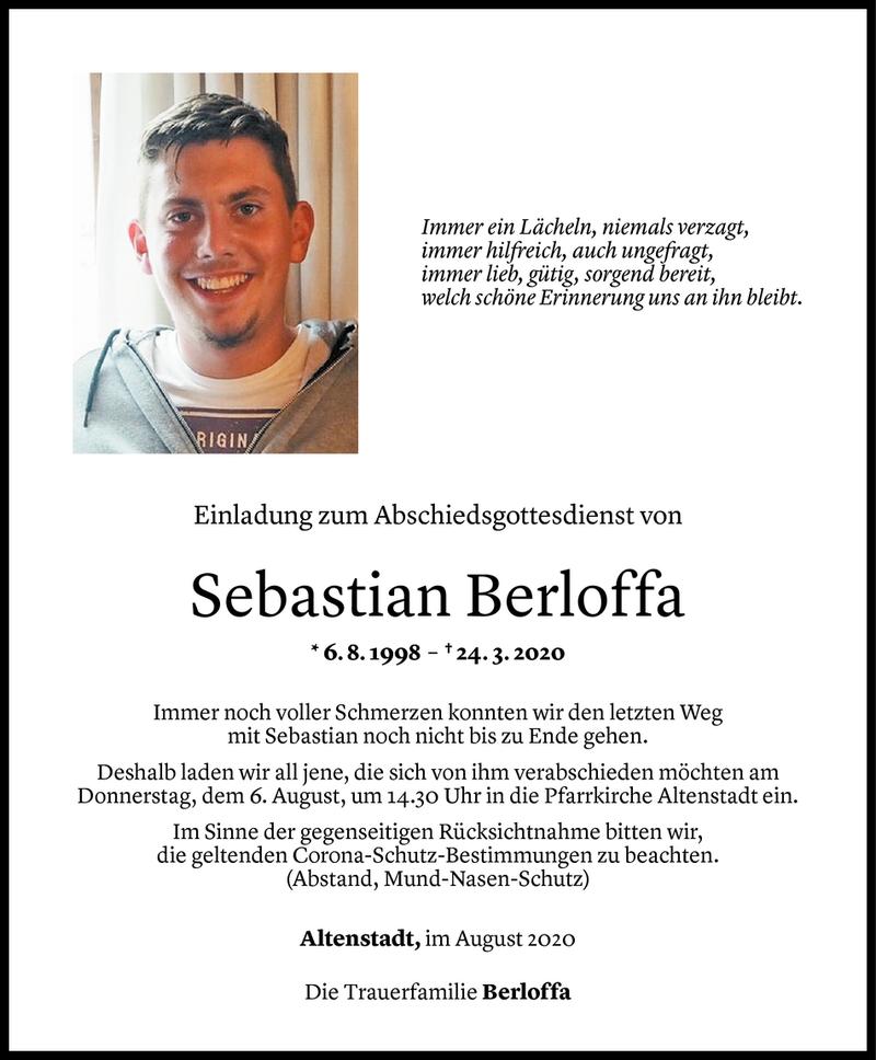  Todesanzeige für Sebastian Berloffa vom 01.08.2020 aus Vorarlberger Nachrichten