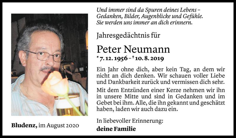  Todesanzeige für Peter Neumann vom 10.08.2020 aus Vorarlberger Nachrichten