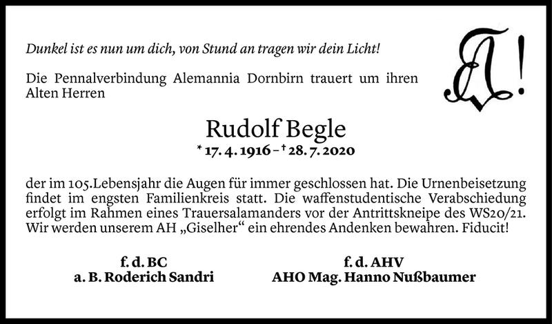  Todesanzeige für Rudolf Begle vom 31.07.2020 aus Vorarlberger Nachrichten