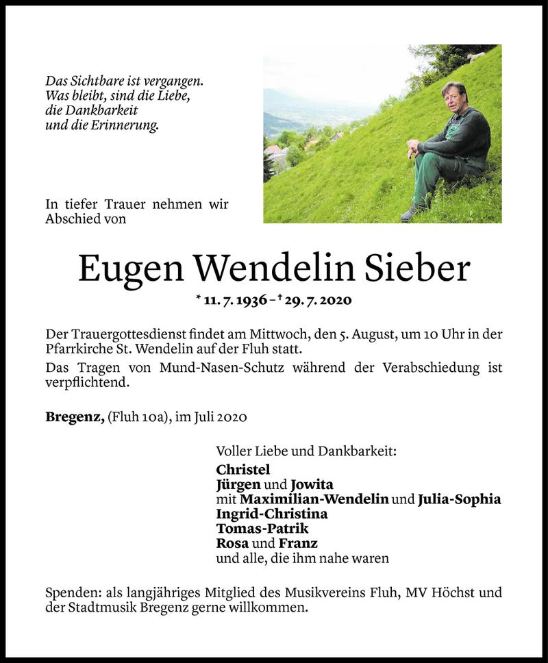  Todesanzeige für Eugen Wendelin Sieber vom 31.07.2020 aus Vorarlberger Nachrichten