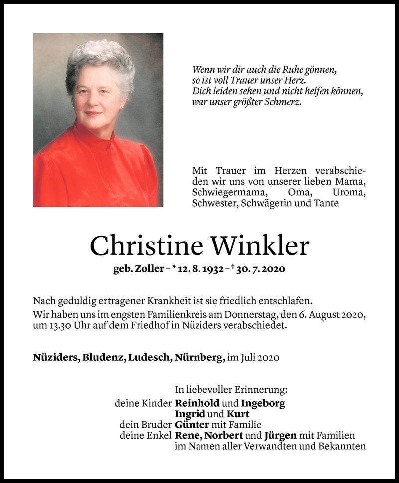  Todesanzeige für Christine Winkler vom 07.08.2020 aus Vorarlberger Nachrichten