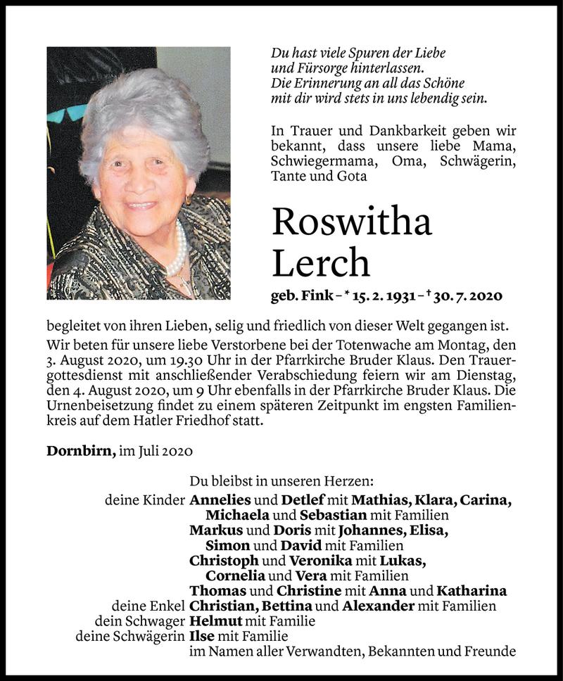  Todesanzeige für Roswitha Lerch vom 31.07.2020 aus Vorarlberger Nachrichten