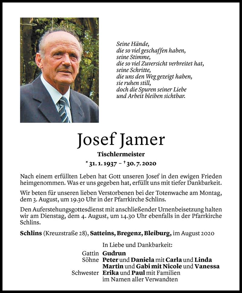 Todesanzeige für Josef Jamer vom 01.08.2020 aus Vorarlberger Nachrichten