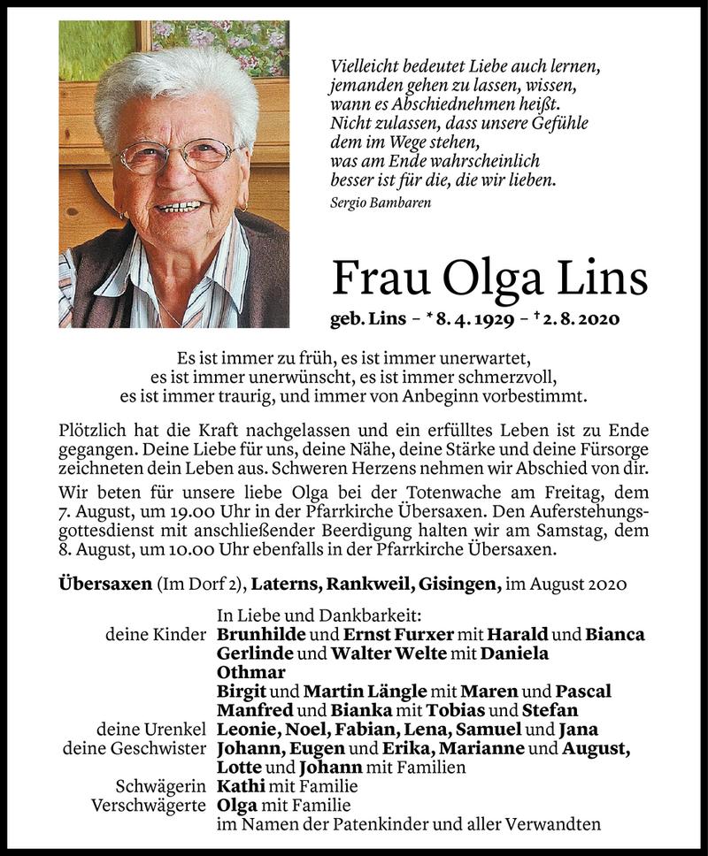  Todesanzeige für Olga Lins vom 05.08.2020 aus Vorarlberger Nachrichten