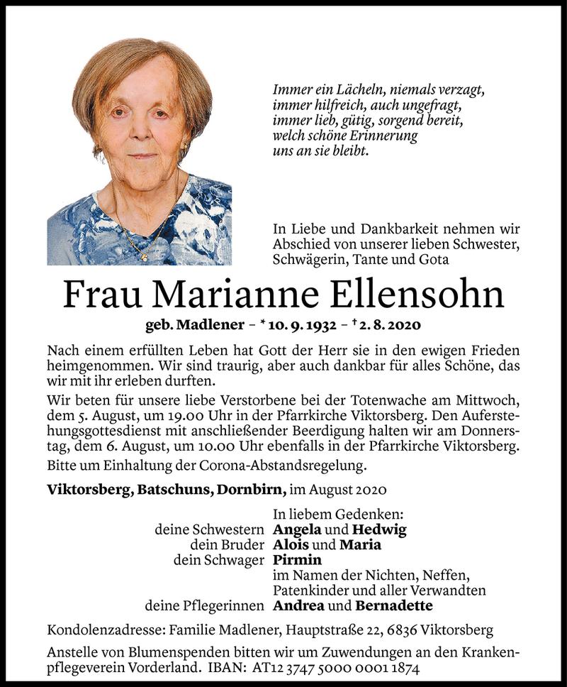  Todesanzeige für Marianne Ellensohn vom 04.08.2020 aus Vorarlberger Nachrichten