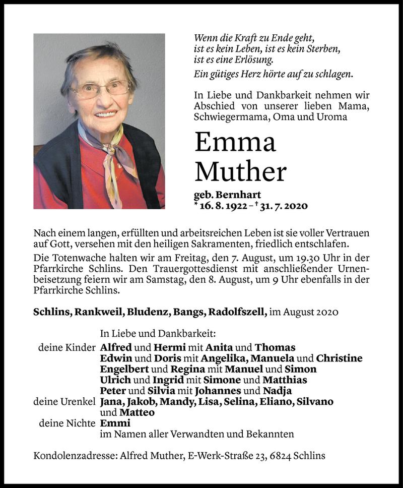  Todesanzeige für Emma Muther vom 03.08.2020 aus Vorarlberger Nachrichten