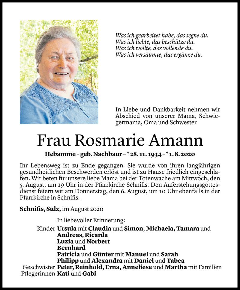  Todesanzeige für Rosmarie Amann vom 03.08.2020 aus Vorarlberger Nachrichten