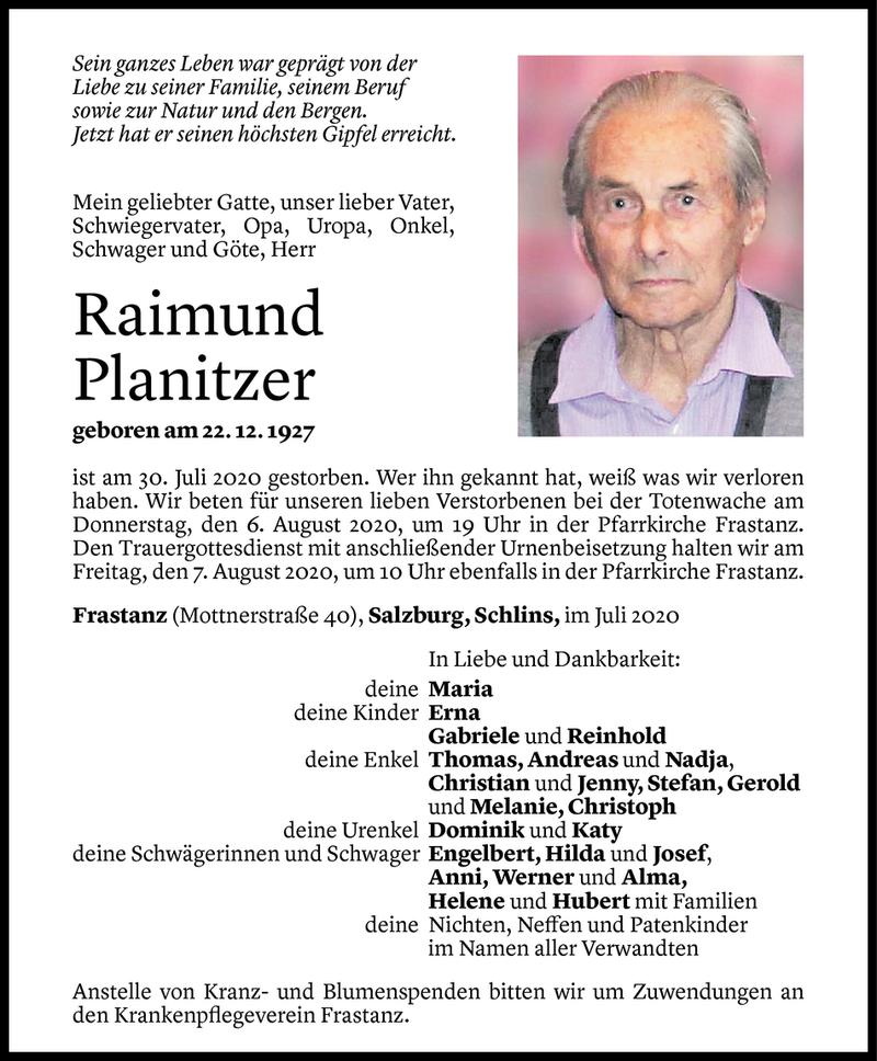  Todesanzeige für Raimund Planitzer vom 03.08.2020 aus Vorarlberger Nachrichten