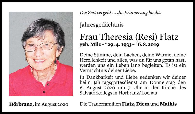 Todesanzeige für Theresia Flatz vom 03.08.2020 aus Vorarlberger Nachrichten
