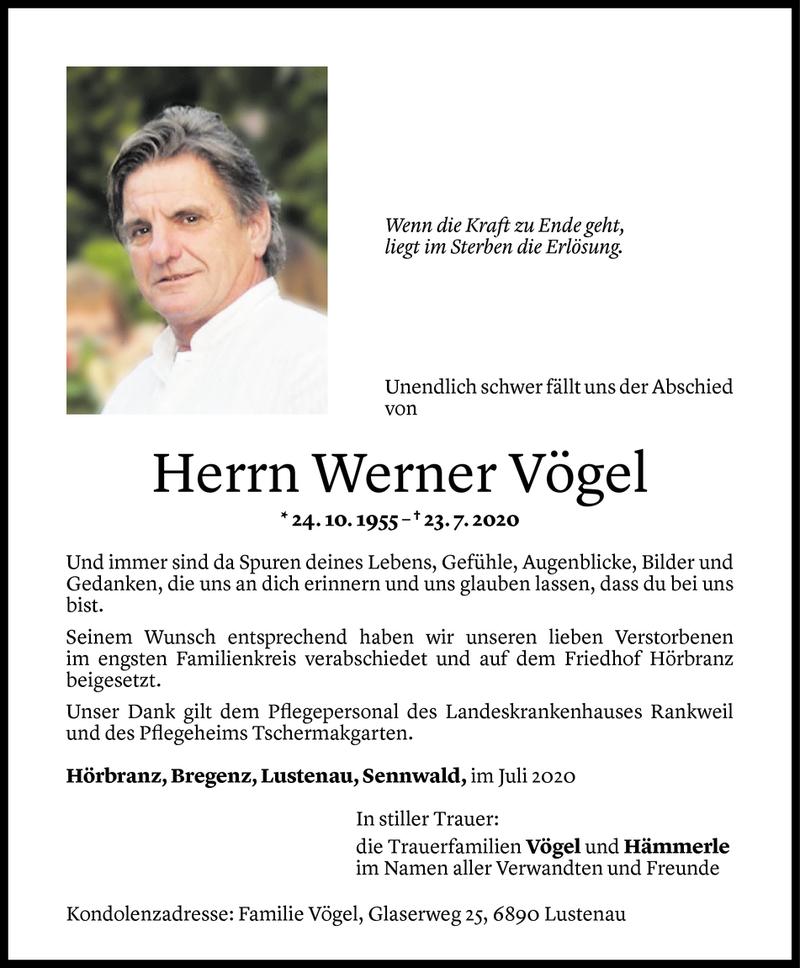  Todesanzeige für Werner Vögel vom 05.08.2020 aus Vorarlberger Nachrichten