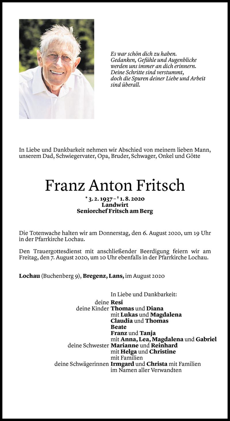  Todesanzeige für Franz Anton Fritsch vom 03.08.2020 aus Vorarlberger Nachrichten