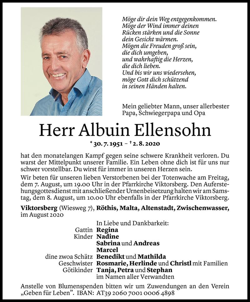  Todesanzeige für Albuin Ellensohn vom 03.08.2020 aus Vorarlberger Nachrichten