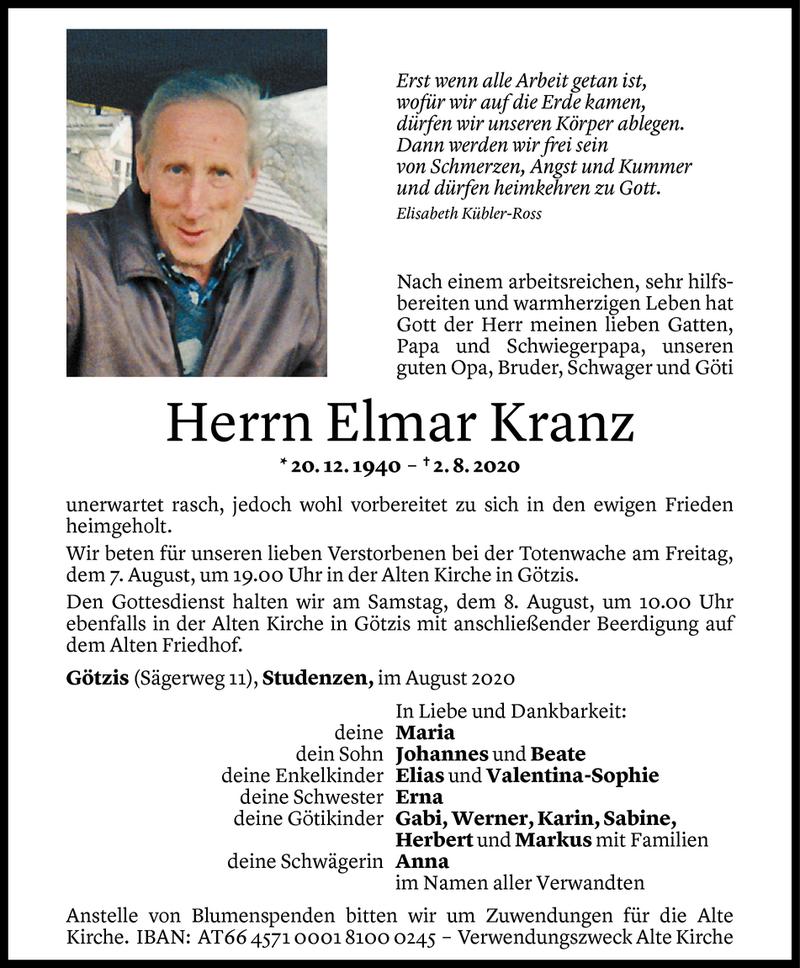  Todesanzeige für Elmar Kranz vom 05.08.2020 aus Vorarlberger Nachrichten