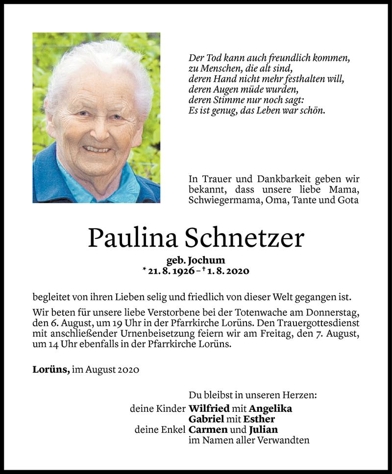  Todesanzeige für Paulina Schnetzer vom 05.08.2020 aus Vorarlberger Nachrichten