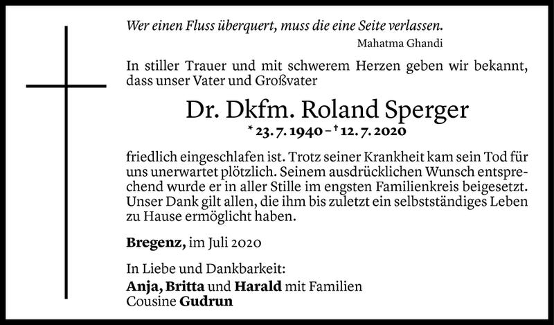  Todesanzeige für Roland Sperger vom 05.08.2020 aus Vorarlberger Nachrichten