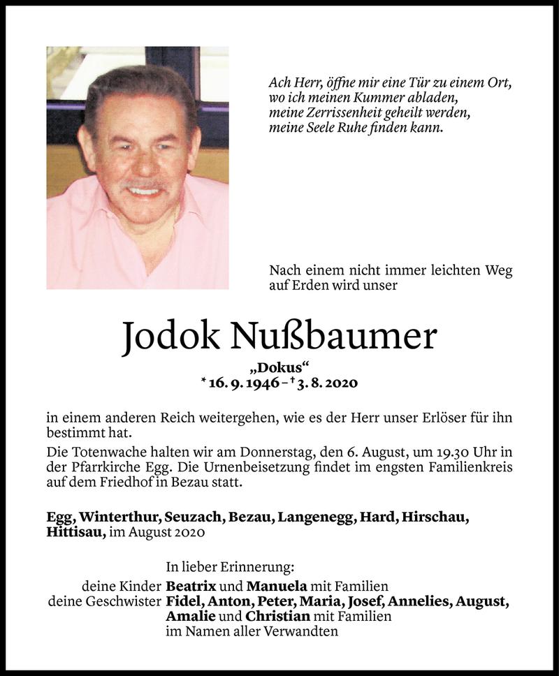  Todesanzeige für Jodok Nußbaumer vom 04.08.2020 aus Vorarlberger Nachrichten