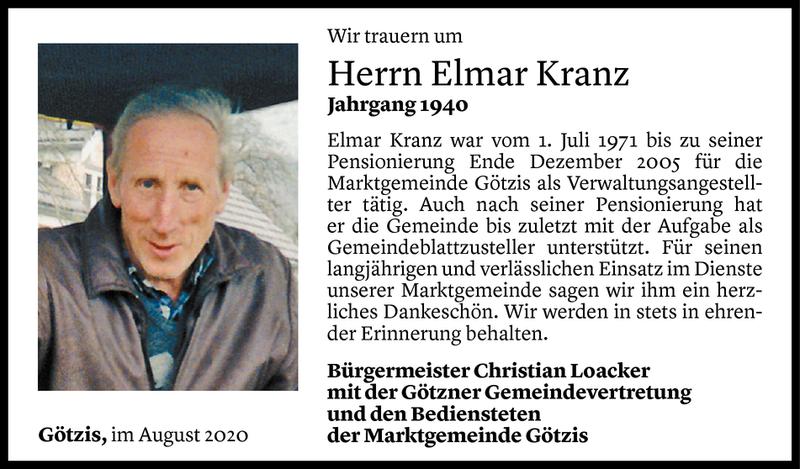  Todesanzeige für Elmar Kranz vom 05.08.2020 aus Vorarlberger Nachrichten