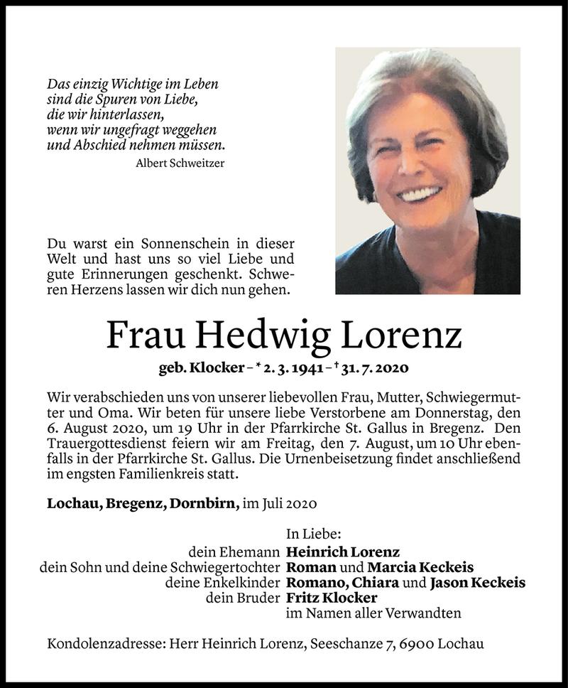  Todesanzeige für Hedwig Lorenz vom 04.08.2020 aus Vorarlberger Nachrichten