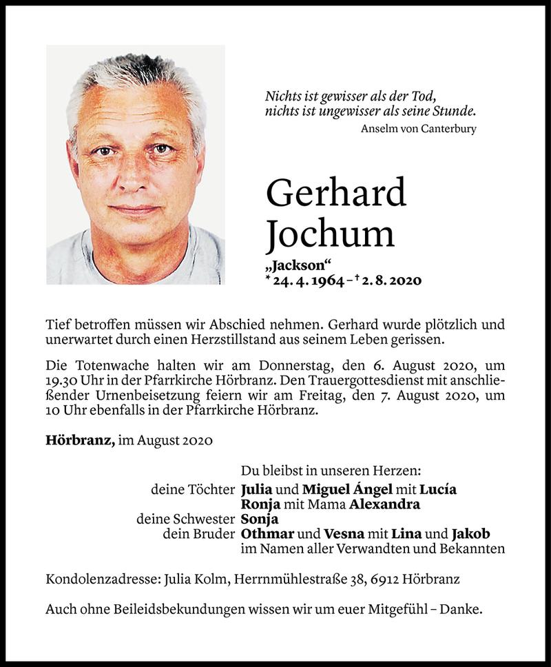  Todesanzeige für Gerhard Jochum vom 04.08.2020 aus Vorarlberger Nachrichten