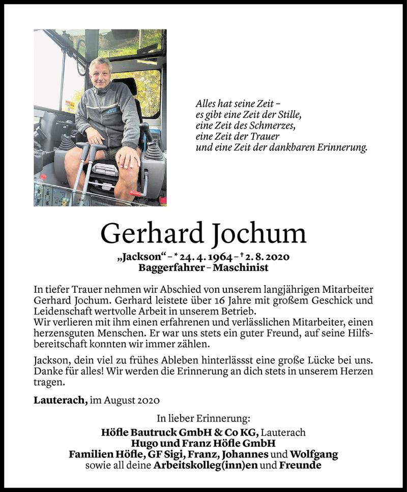  Todesanzeige für Gerhard Jochum vom 04.08.2020 aus Vorarlberger Nachrichten