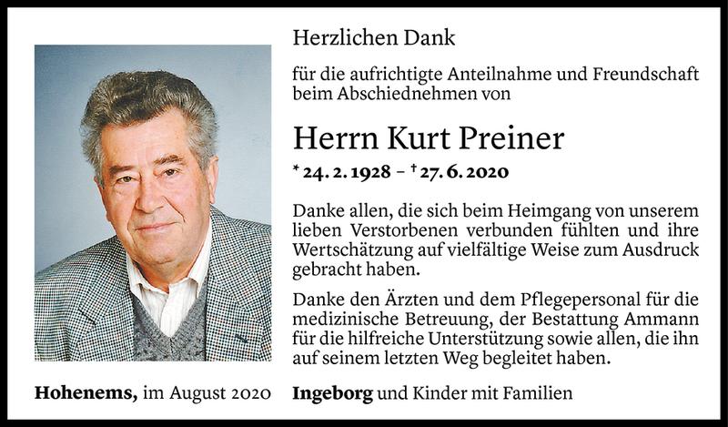  Todesanzeige für Kurt Preiner vom 07.08.2020 aus Vorarlberger Nachrichten