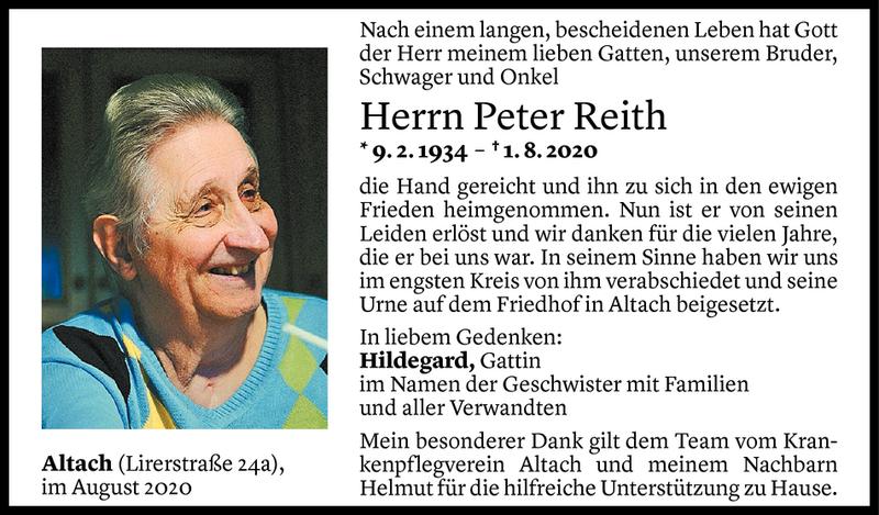  Todesanzeige für Peter Reith vom 07.08.2020 aus Vorarlberger Nachrichten