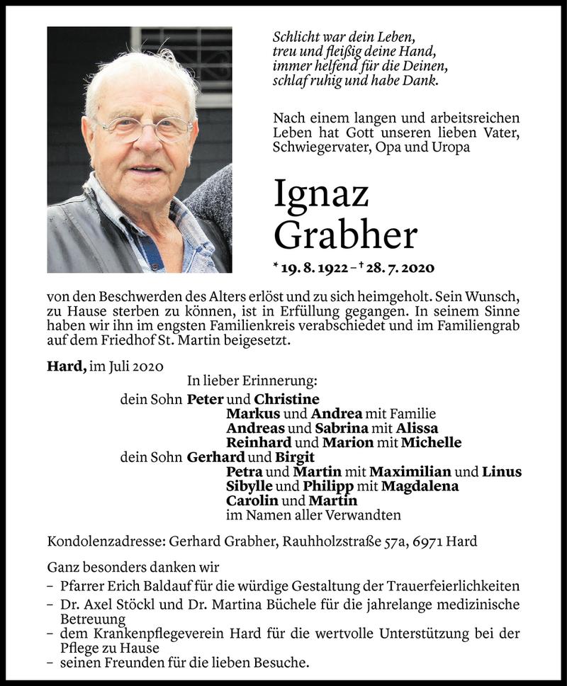  Todesanzeige für Ignaz Grabher vom 06.08.2020 aus Vorarlberger Nachrichten