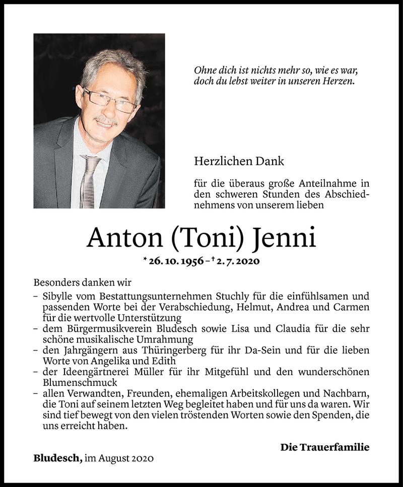  Todesanzeige für Anton Jenni vom 08.08.2020 aus Vorarlberger Nachrichten