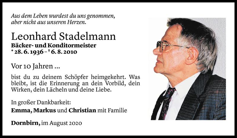  Todesanzeige für Leonhard Stadelmann vom 05.08.2020 aus Vorarlberger Nachrichten