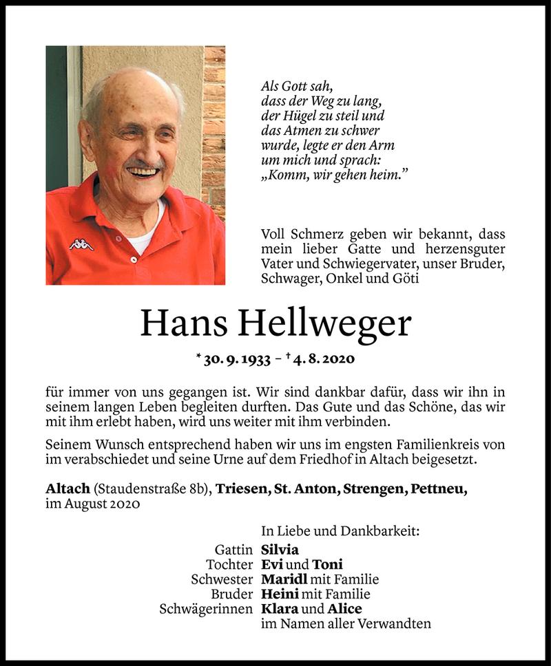  Todesanzeige für Hans Hellweger vom 08.08.2020 aus Vorarlberger Nachrichten