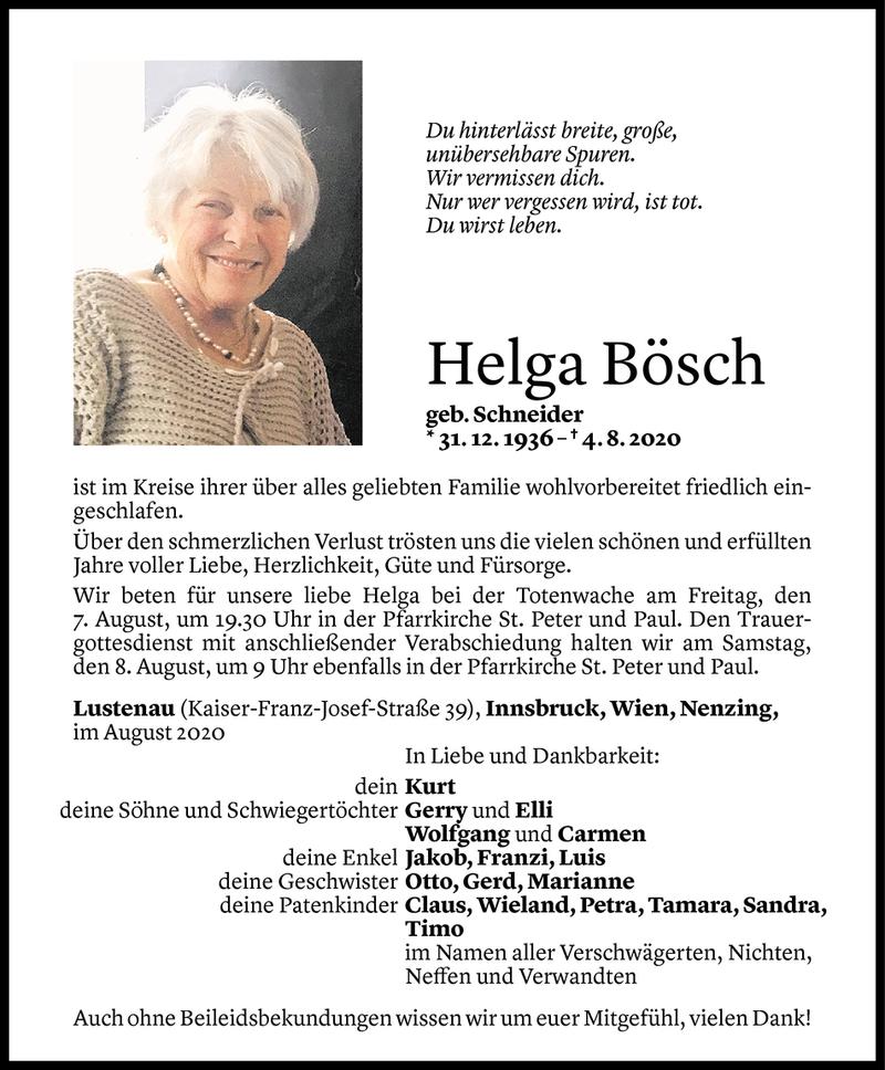  Todesanzeige für Helga Bösch vom 05.08.2020 aus Vorarlberger Nachrichten