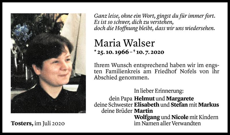  Todesanzeige für Maria Walser vom 08.08.2020 aus Vorarlberger Nachrichten