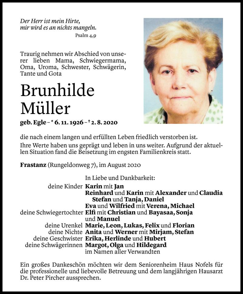  Todesanzeige für Brunhilde Müller vom 08.08.2020 aus Vorarlberger Nachrichten