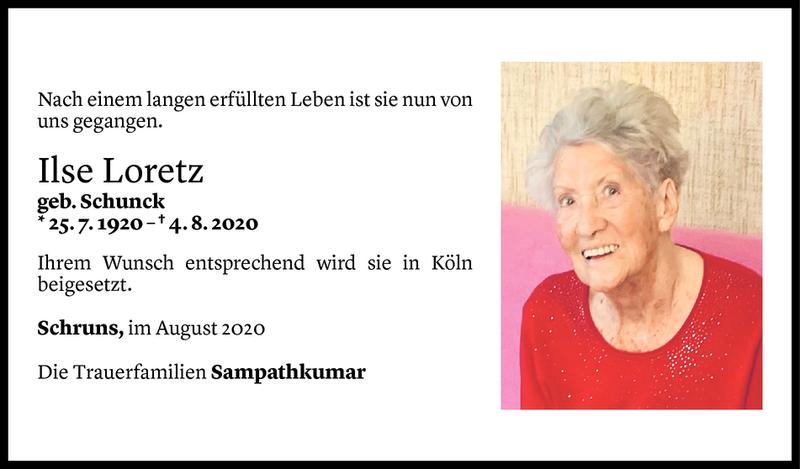  Todesanzeige für Ilse Loretz vom 07.08.2020 aus Vorarlberger Nachrichten