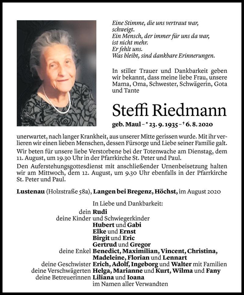  Todesanzeige für Steffi Riedmann vom 09.08.2020 aus Vorarlberger Nachrichten