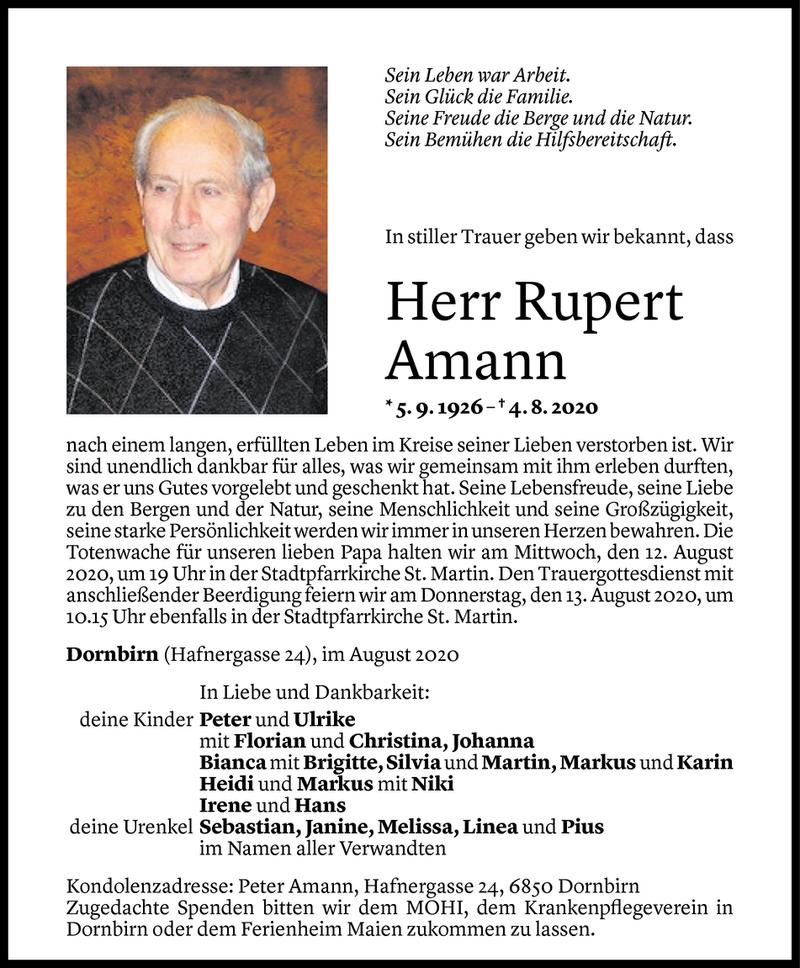  Todesanzeige für Rupert Amann vom 07.08.2020 aus Vorarlberger Nachrichten