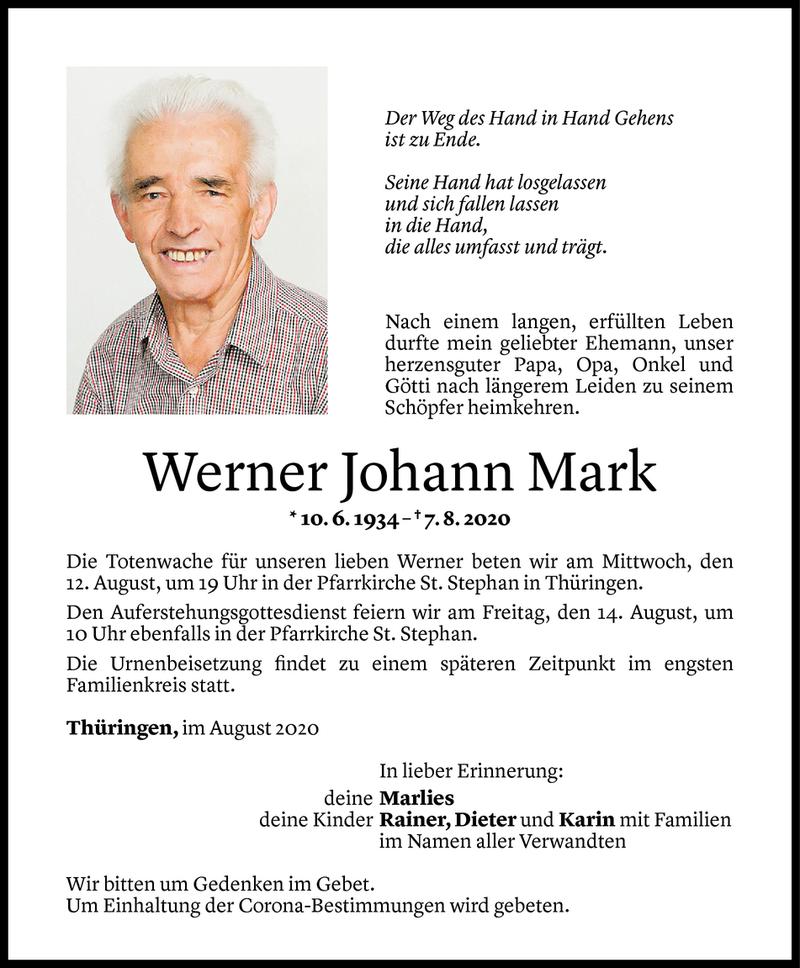  Todesanzeige für Werner Johann Mark vom 10.08.2020 aus Vorarlberger Nachrichten