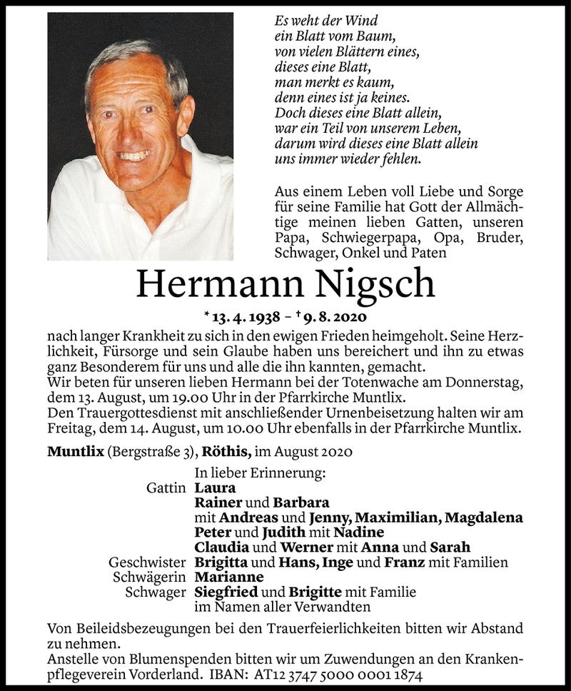  Todesanzeige für Hermann Nigsch vom 11.08.2020 aus Vorarlberger Nachrichten