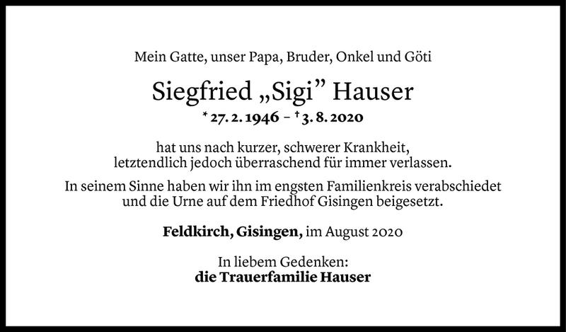  Todesanzeige für Siegfried Hauser vom 11.08.2020 aus Vorarlberger Nachrichten