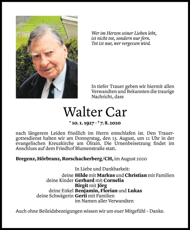  Todesanzeige für Walter Car vom 10.08.2020 aus Vorarlberger Nachrichten