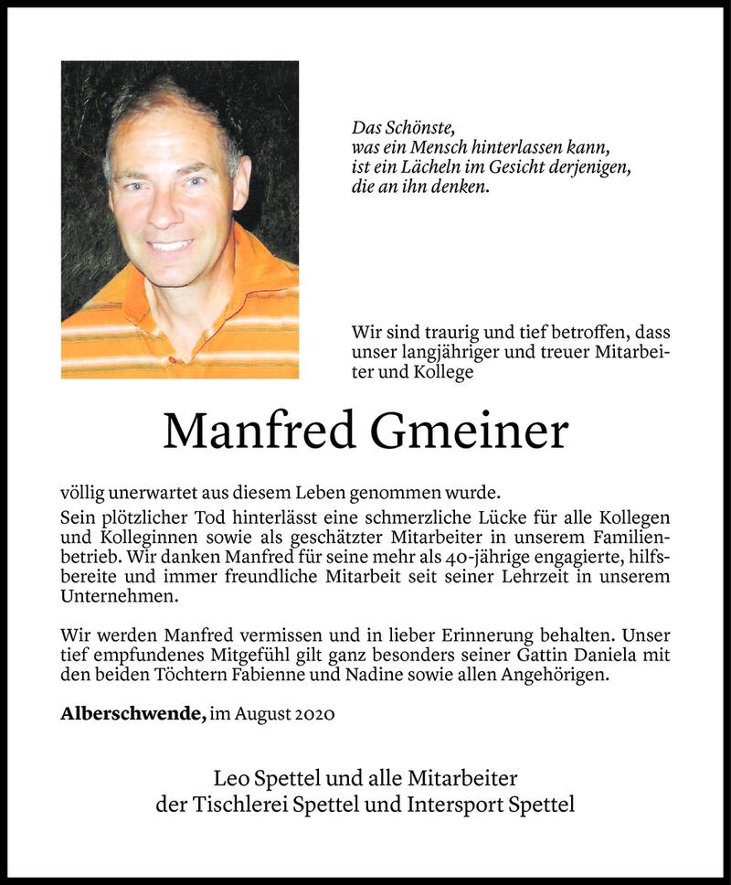  Todesanzeige für Manfred Gmeiner vom 10.08.2020 aus Vorarlberger Nachrichten