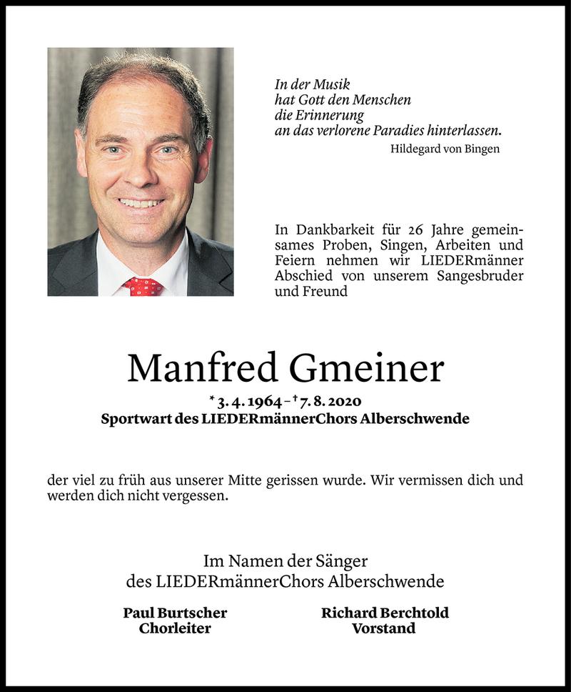  Todesanzeige für Manfred Gmeiner vom 10.08.2020 aus Vorarlberger Nachrichten
