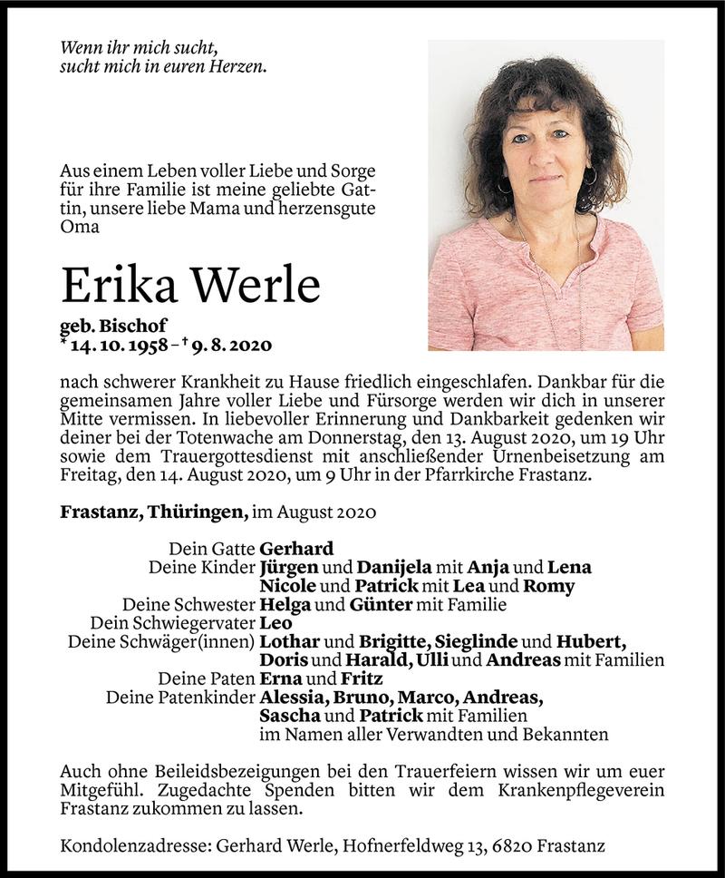  Todesanzeige für Erika Werle vom 10.08.2020 aus Vorarlberger Nachrichten