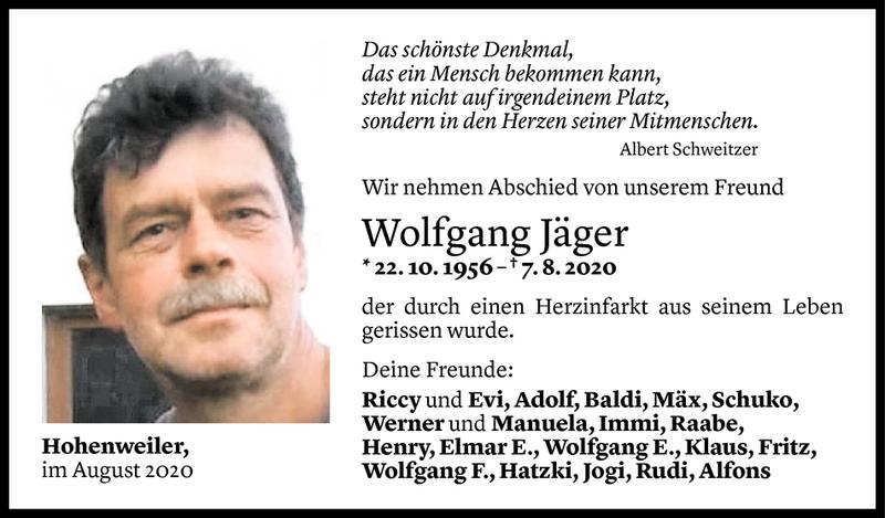  Todesanzeige für Wolfgang Jäger vom 13.08.2020 aus Vorarlberger Nachrichten