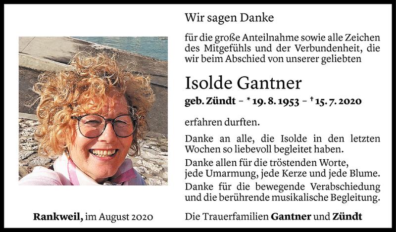  Todesanzeige für Isolde Maria Gantner vom 12.08.2020 aus Vorarlberger Nachrichten