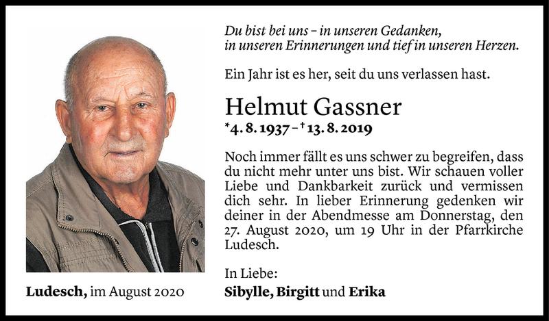  Todesanzeige für Helmut Gassner vom 12.08.2020 aus Vorarlberger Nachrichten