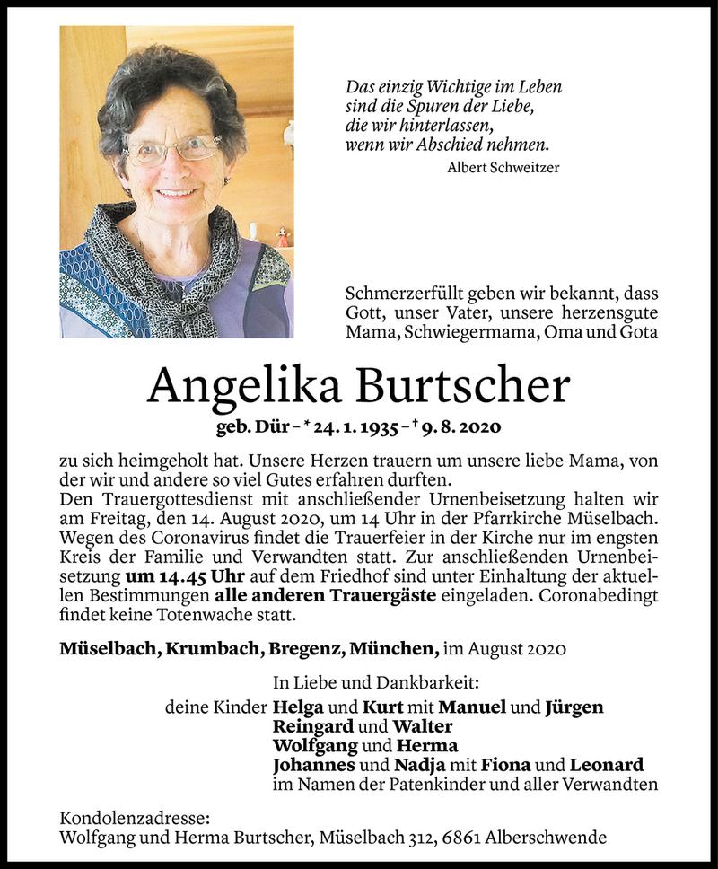  Todesanzeige für Angelika Burtscher vom 11.08.2020 aus Vorarlberger Nachrichten